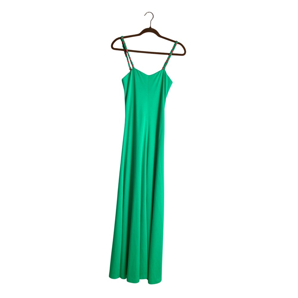 VTG 70s Justin McCarty Bright Green Braided Strap Knit Maxi Dress Retro Disco 8